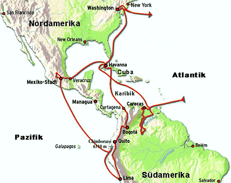 Alexander von Humboldt - Reiseroute durch Südamerika